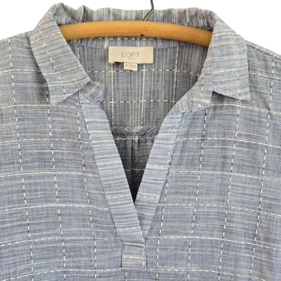 Loft Outlet Womens Medium Denim Plaid Cotton Tunic Top Long Sleeve V-Neck Collar - Picture 3 of 7